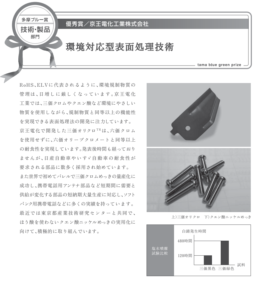 環境にやさしいめっき技術で多摩ブルーグリーン賞を受賞しました。 - 京王電化工業株式会社｜めっき処理